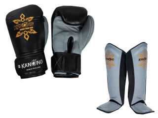 Kanong Genuine Leather Boxing Gloves + Shin Pads : Black/Grey